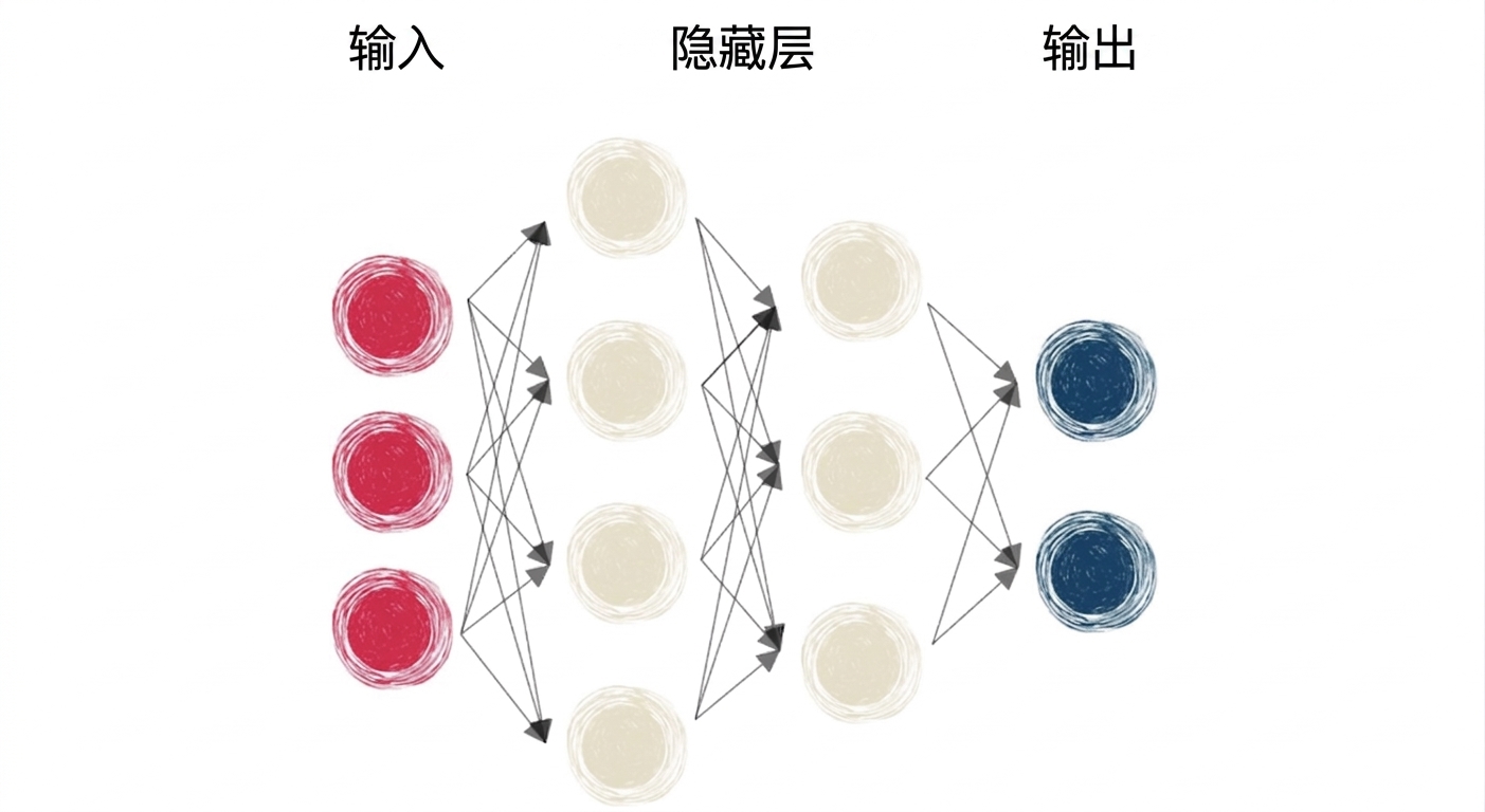 含输入、隐藏层和输出的神经网络示意图