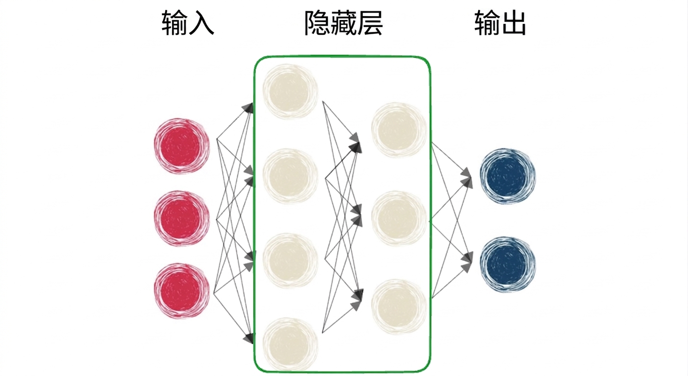含输入、隐藏层和输出的神经网络示意图
