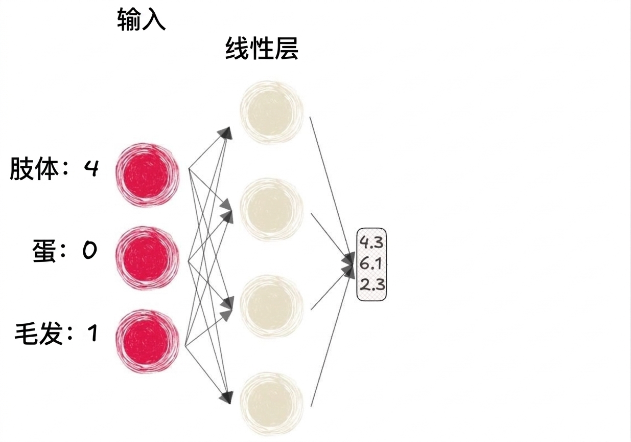 部分神经网络的示意图，包含输入