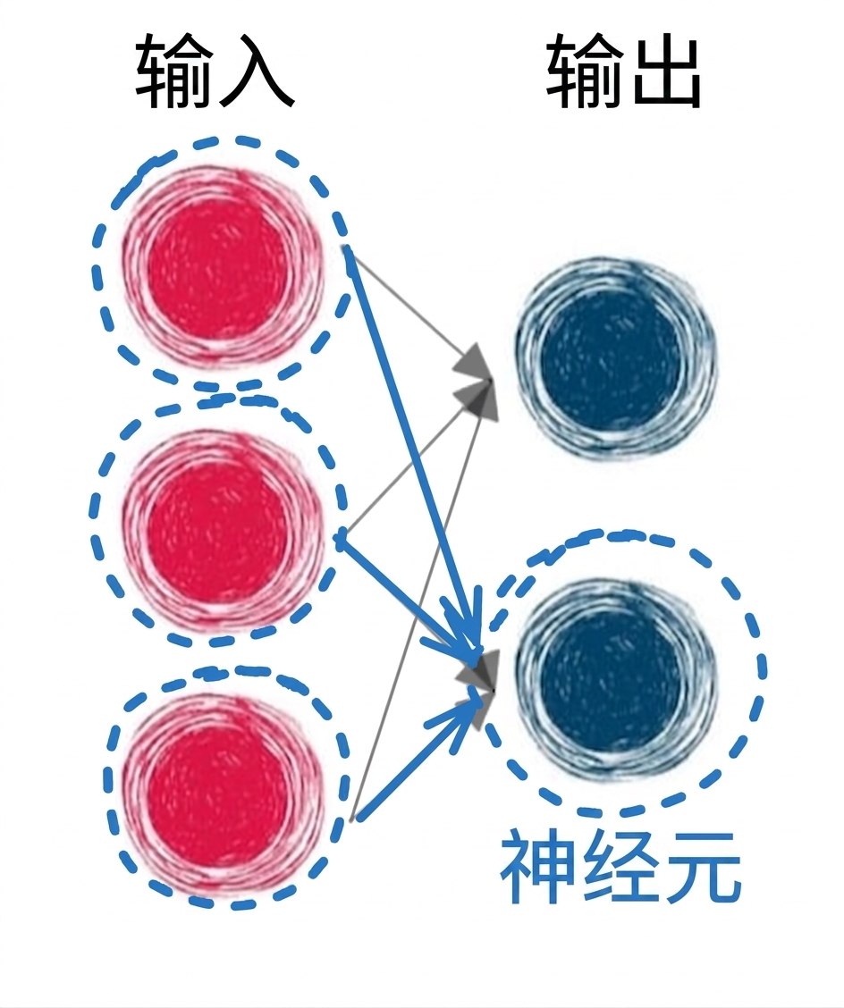 带有连接箭头、圈出一个输出神经元并高亮部分箭头的示意图