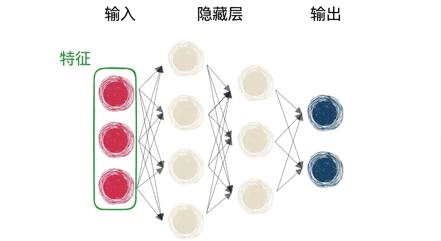 含输入、隐藏层和输出的神经网络示意图