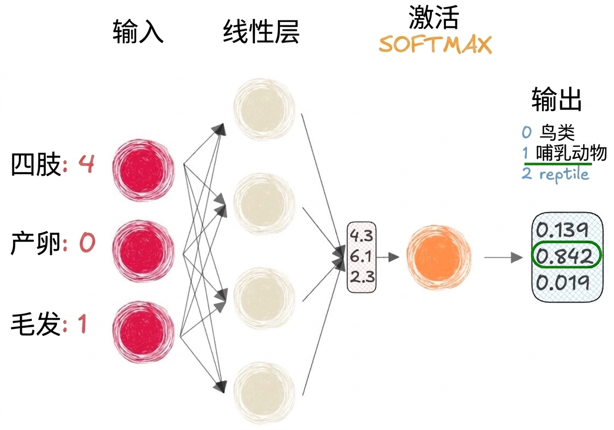 部分神经网络的示意图，包含输入、线性层的向量输出、softmax 激活函数和最终输出
