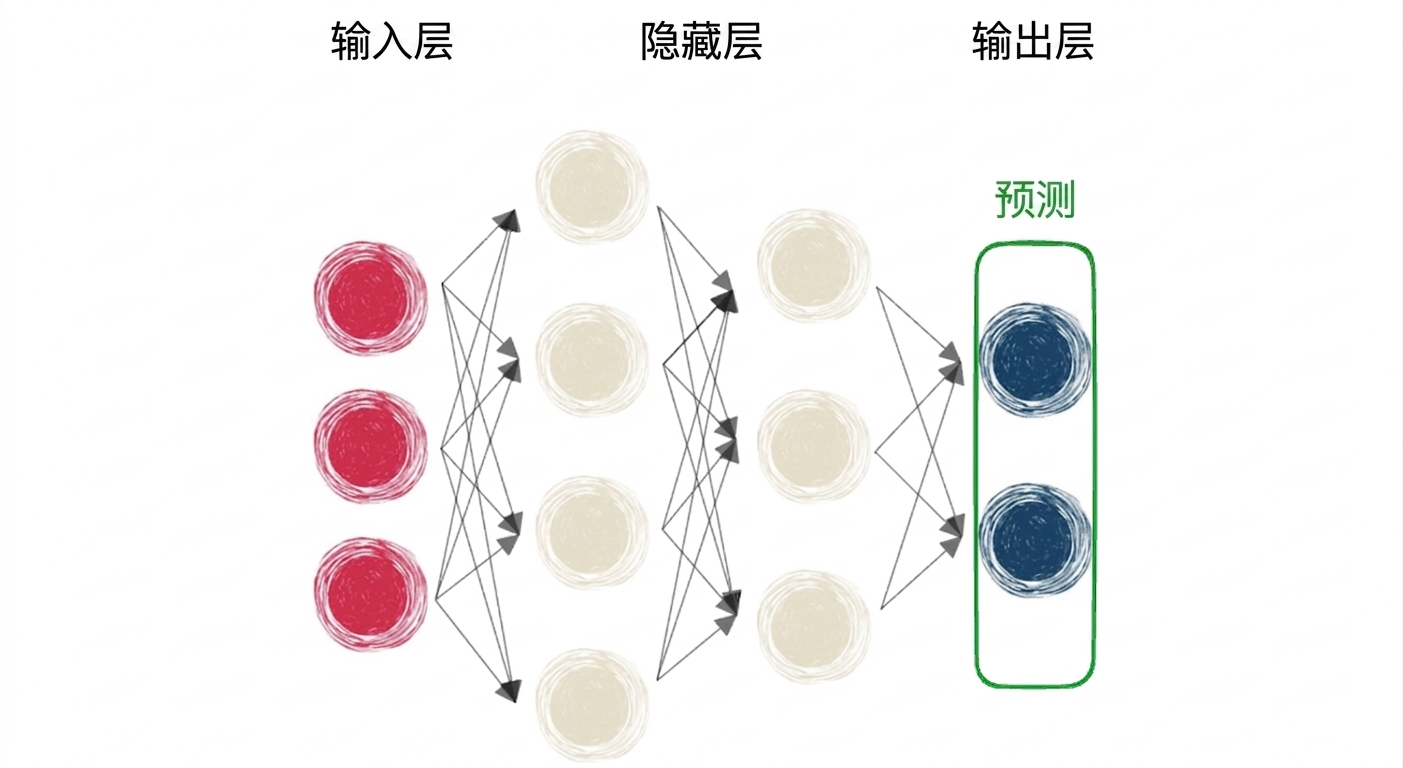 含输入、隐藏层和输出的神经网络示意图