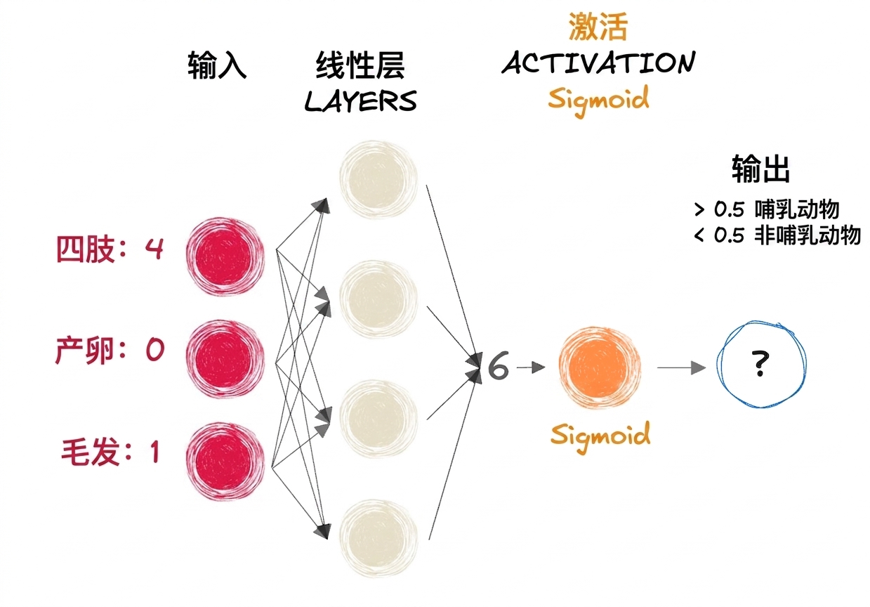 部分神经网络的示意图，包含输入、线性层输出为数字 6、sigmoid 激活函数和最终输出