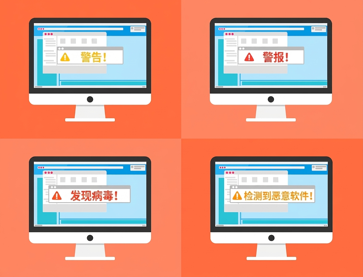 四台电脑出现"警告""提醒""发现病毒""检测到恶意软件"等警示的安全漏洞插图。