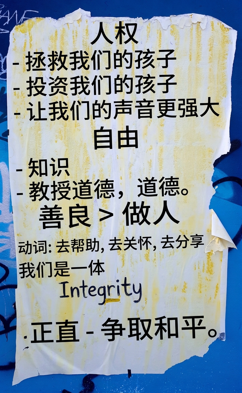 墙上撕裂的带有伦理宣言的海报照片。