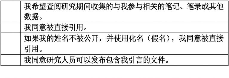 一份同意表的截图，包含针对直接引语的多项选择。