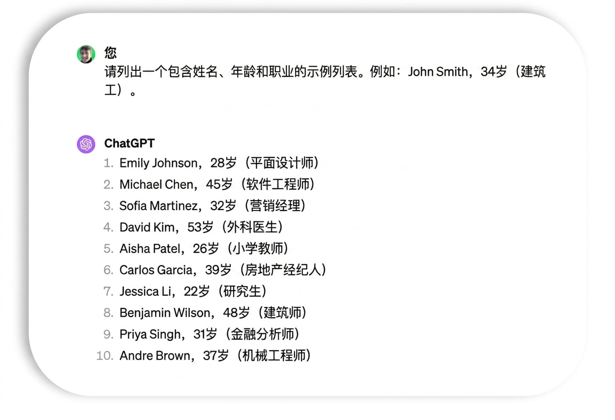 关于姓名与职业的提示与回复示例。