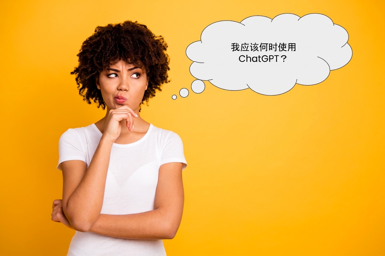 一个人在思考何时可以使用 ChatGPT。