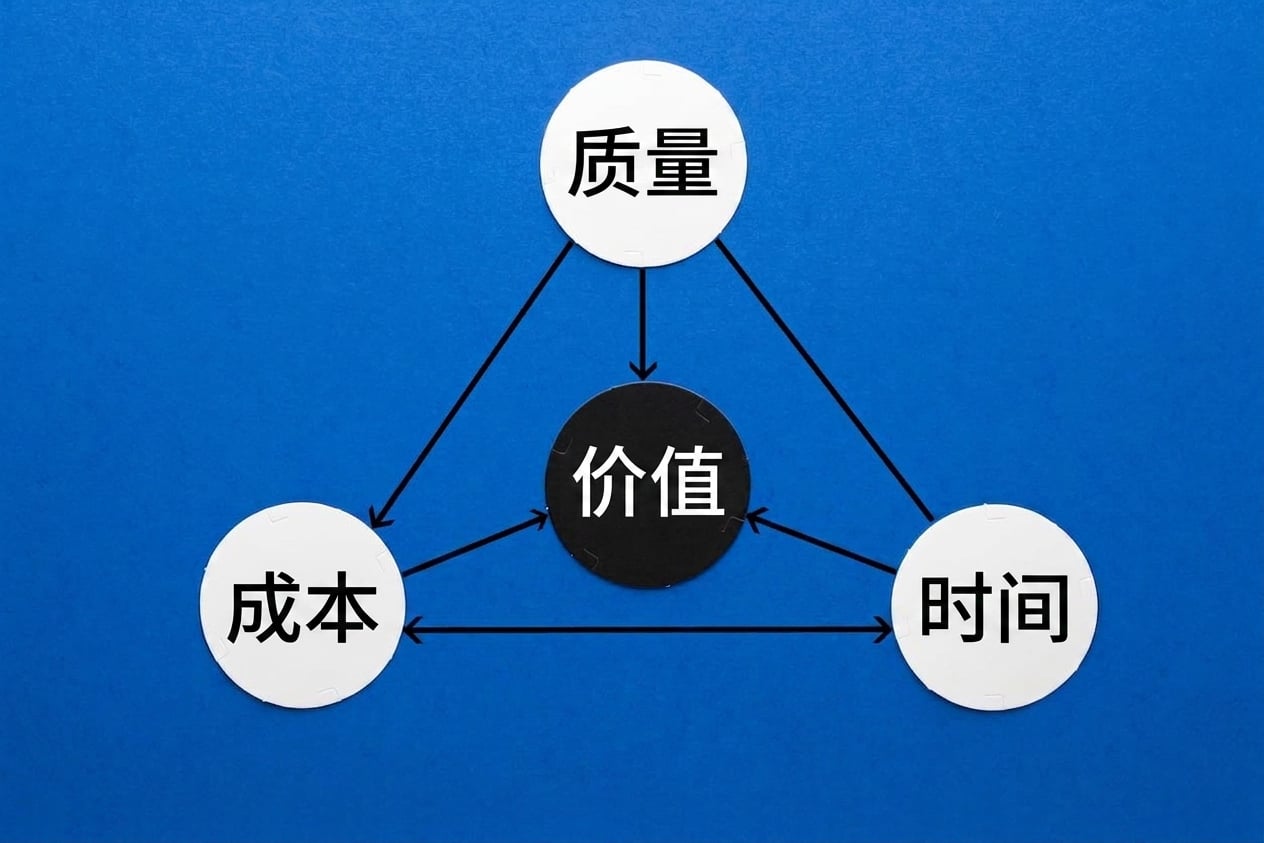 一个价值三角，顶点为质量、成本和时间。