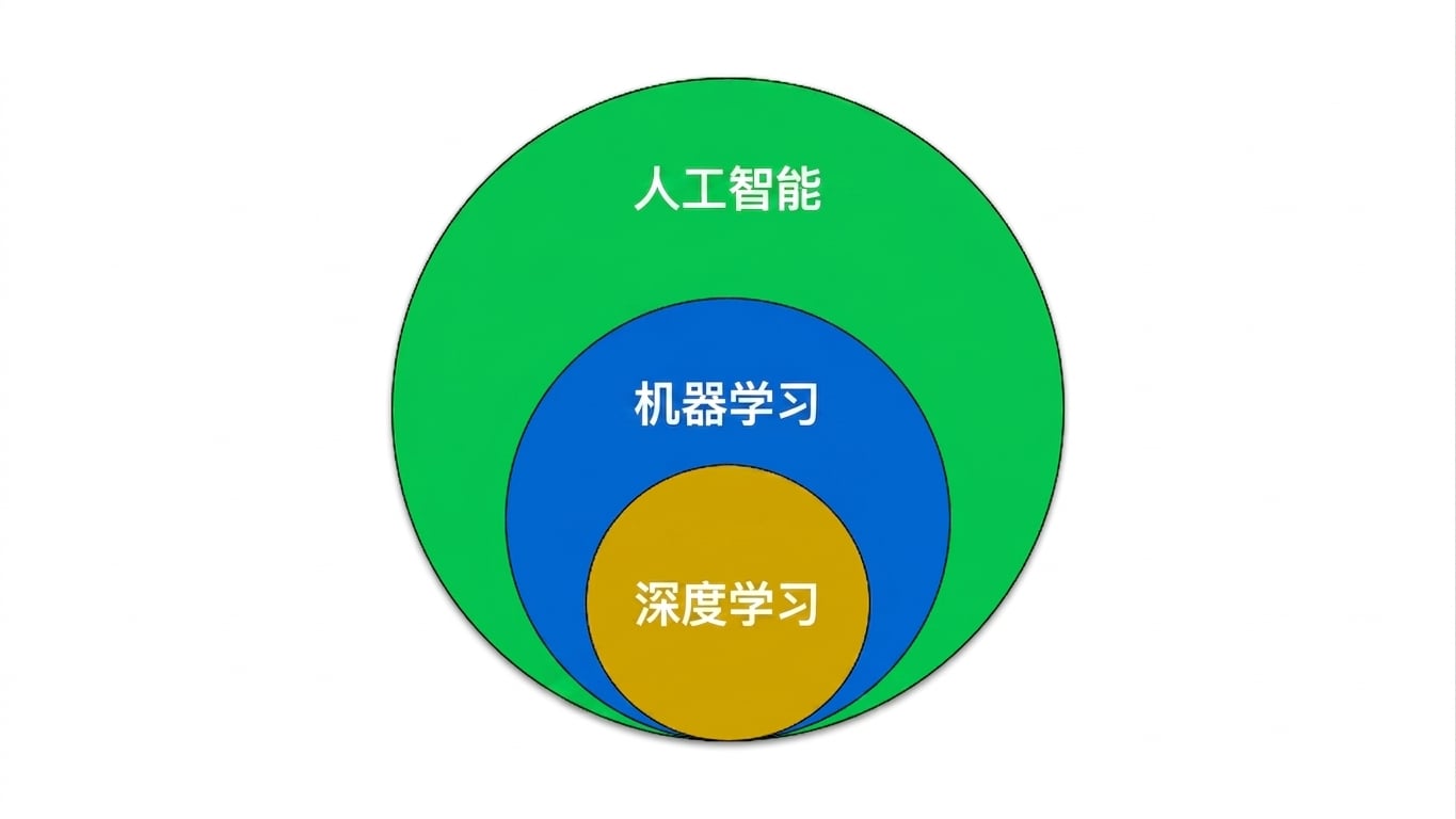 维恩图：机器学习是人工智能的子集，深度学习是机器学习的子集。