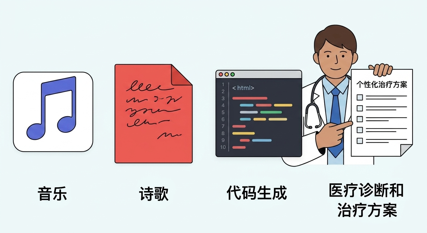 展示音乐、诗歌、代码生成、医疗诊断与治疗等新能力的图像