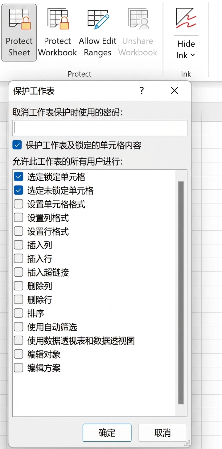 保护工作表弹窗