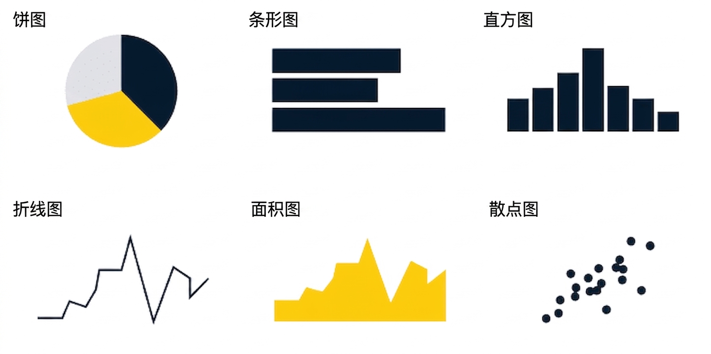 饼图、条形图、直方图、折线图、面积图和散点图的示意图