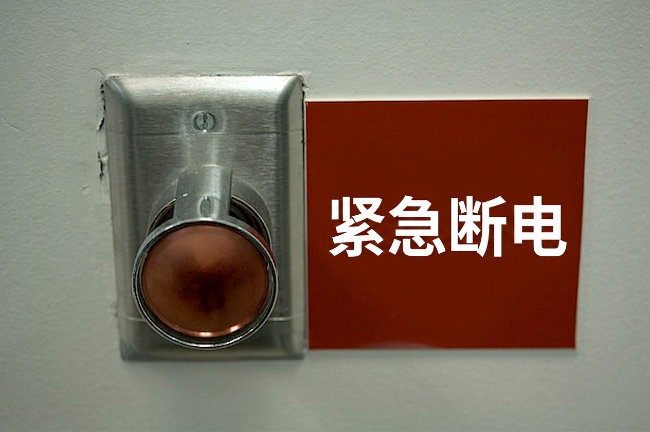 一个大红按钮，旁边有"紧急断电"标志