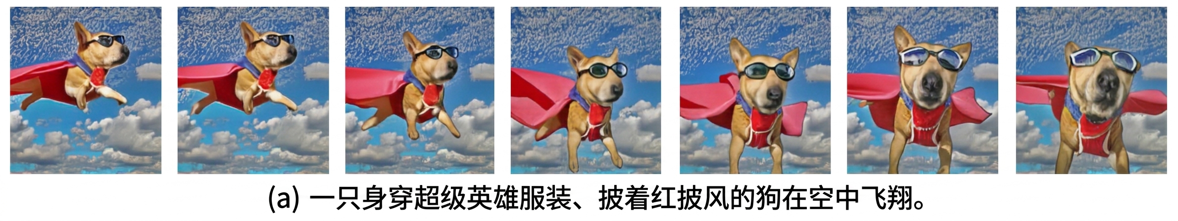 AI 生成的飞行狗视频的多帧画面