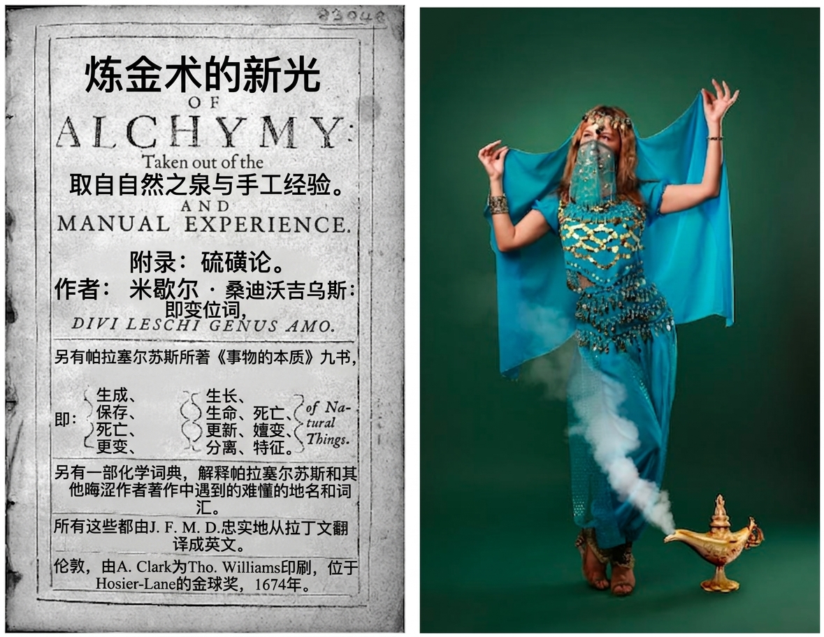 炼金术手稿和神灯精灵的图像