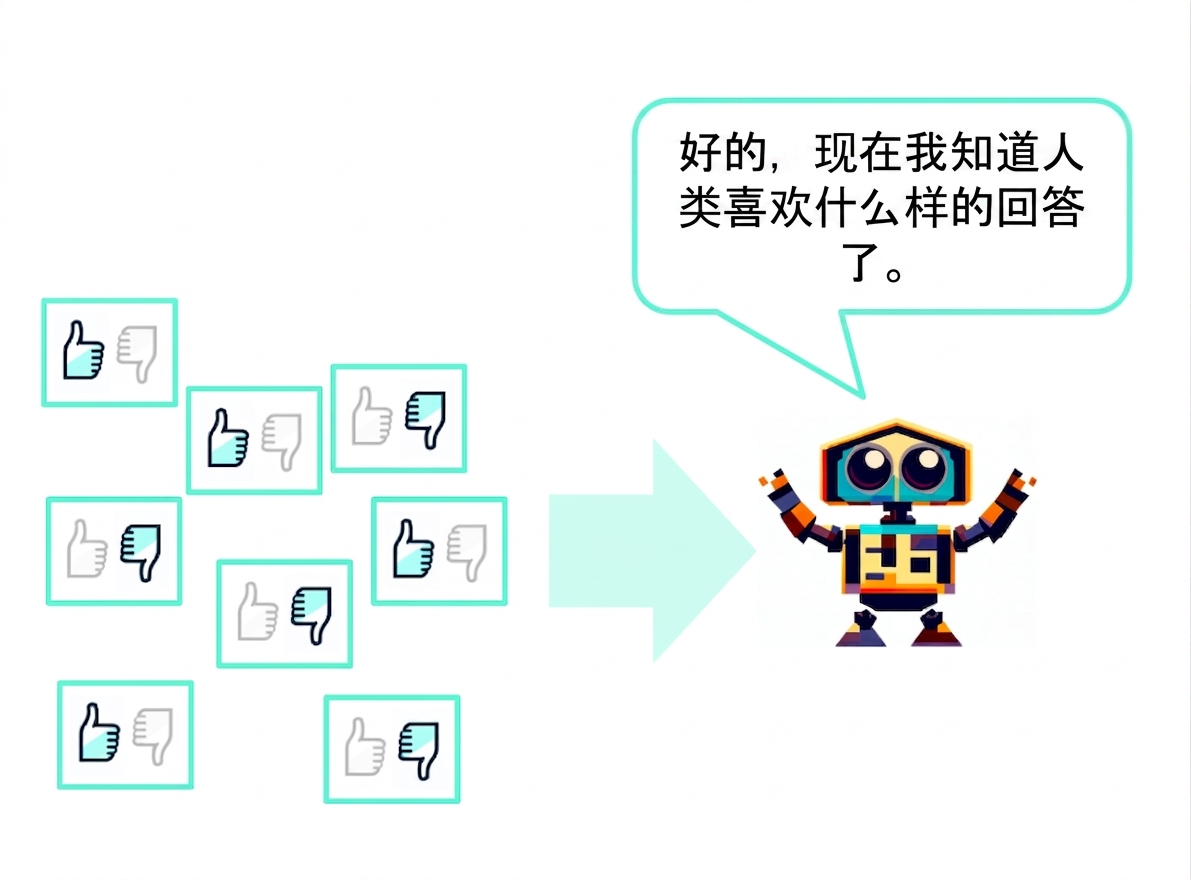 多条文本回复被评为点赞或点踩，并传给一个机器人说："好的，我知道人类喜欢哪种答案了"