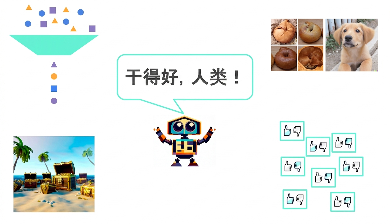 课程图集，中间有一个机器人喊道："干得好，人类！"