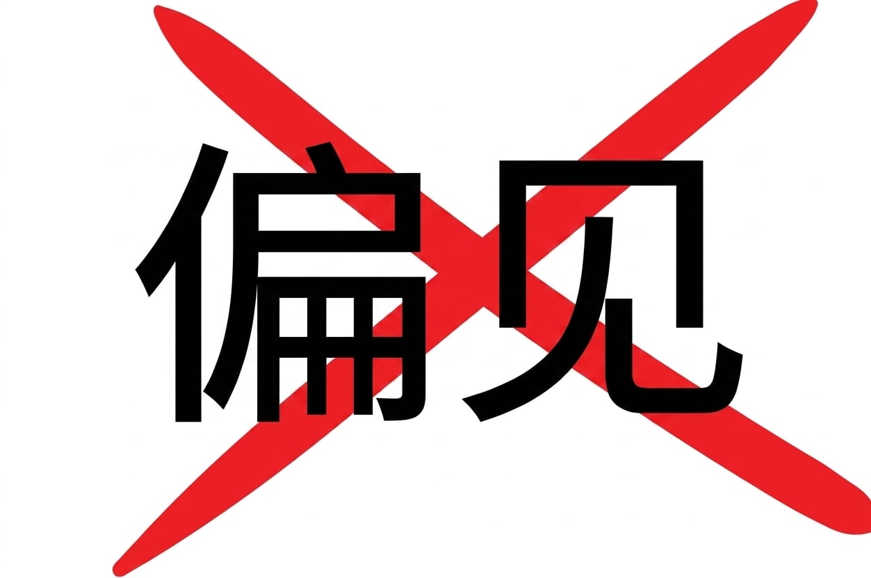 "偏见"一词上方的红色叉号。