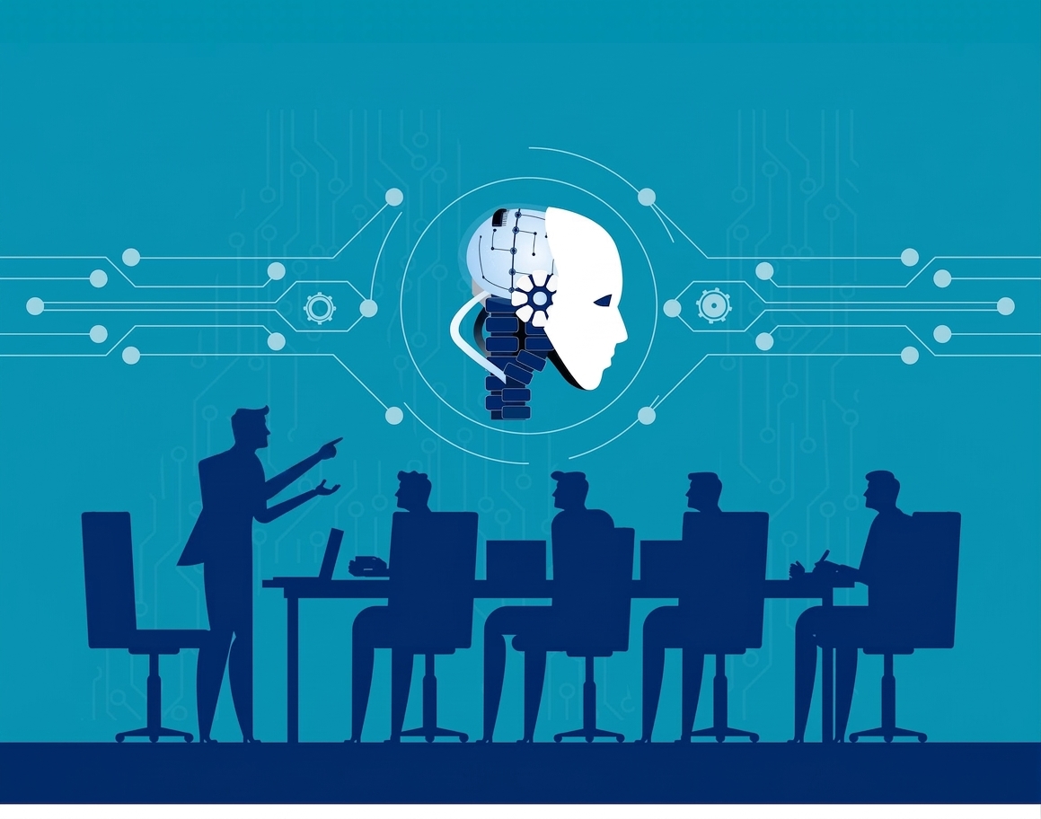 插画：人们在会议中对 AI 提出担忧。