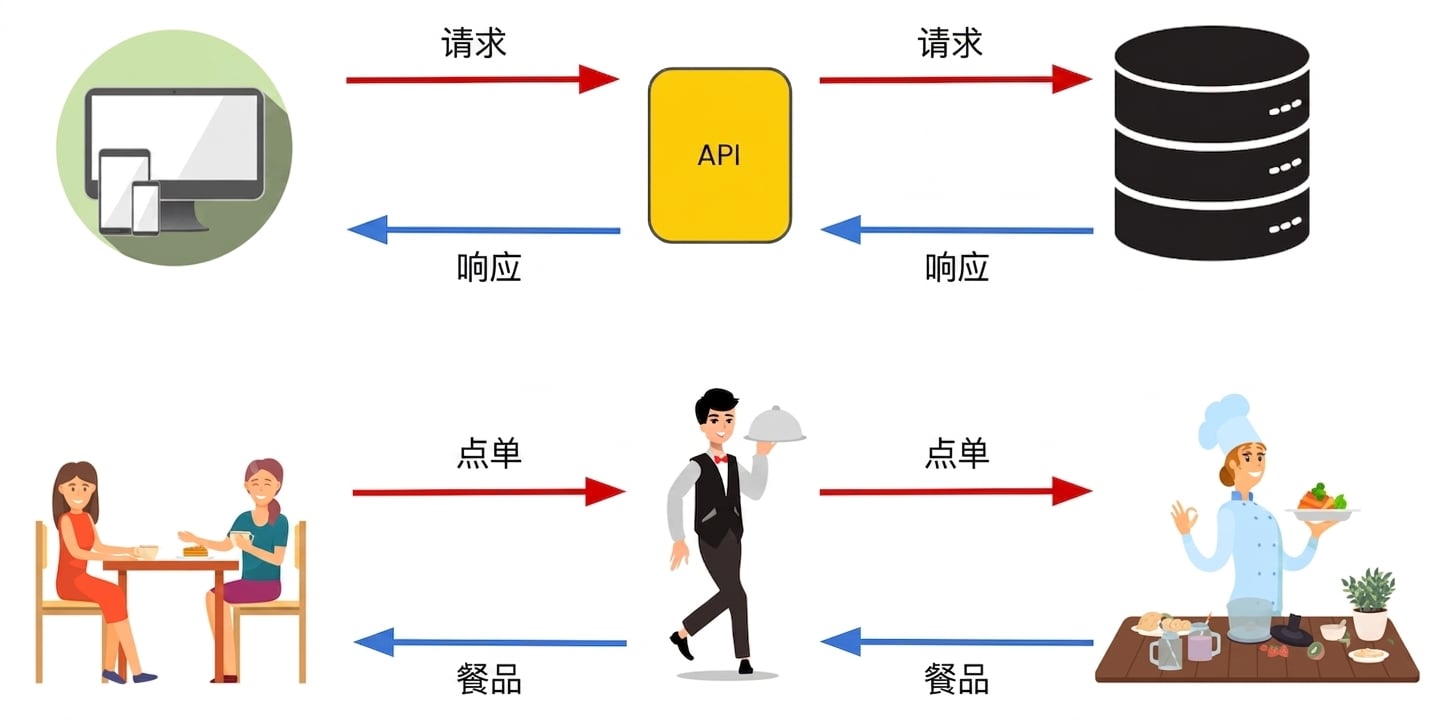 服务员在厨房与餐桌间传递点单和菜品，类似 API 在设备与系统间的作用。