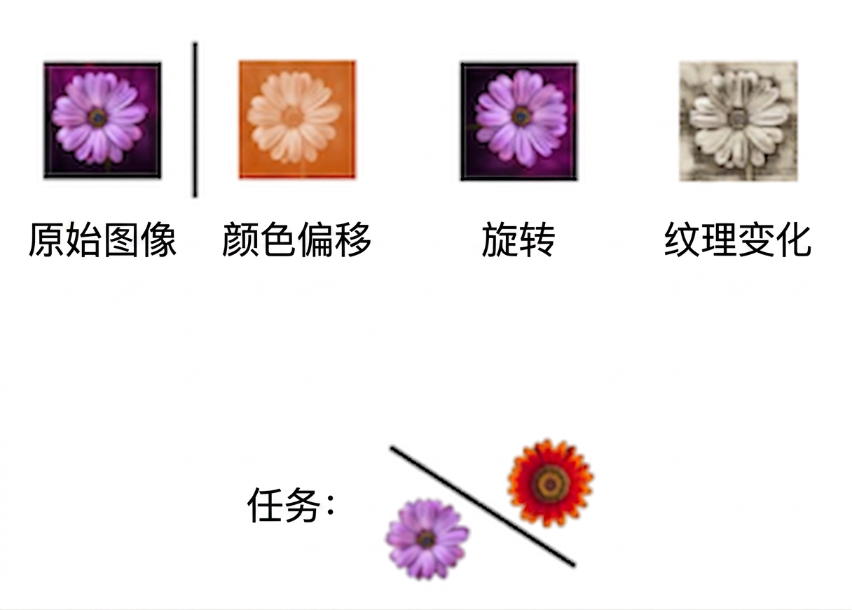Image of a flower transformed in three ways: using rotation, color shift, and texture change.