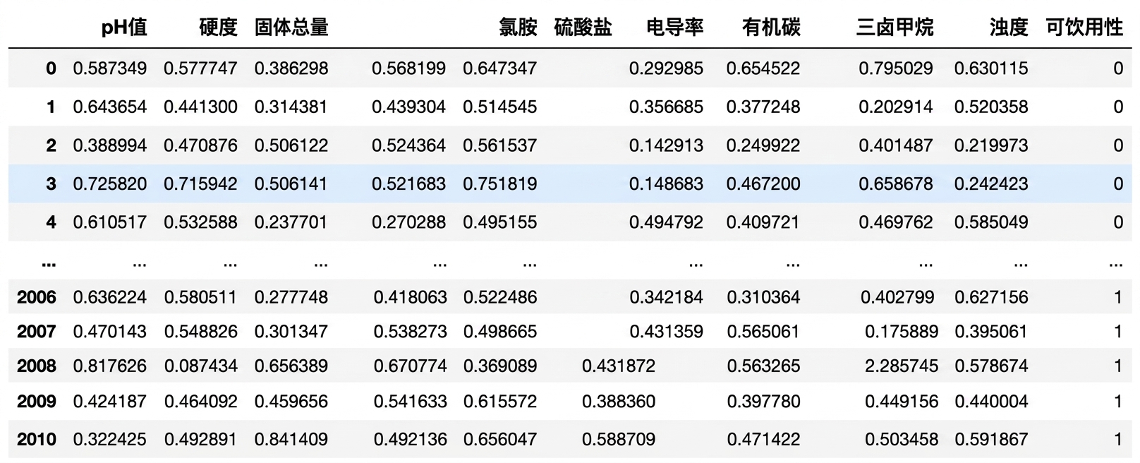 Pandas DataFrame 展示了水可饮用性数据的部分首尾行。
