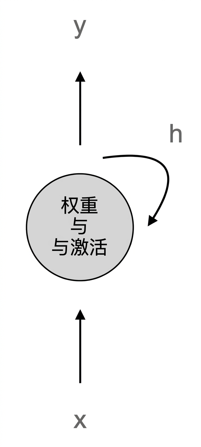 普通 RNN 神经元示意:神经元对输入 x 加权并激活,产生输出 y 和 h,h 反馈给自身。