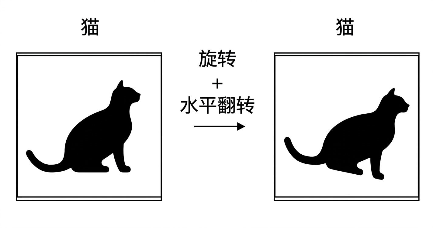 水平翻转并旋转后的猫。