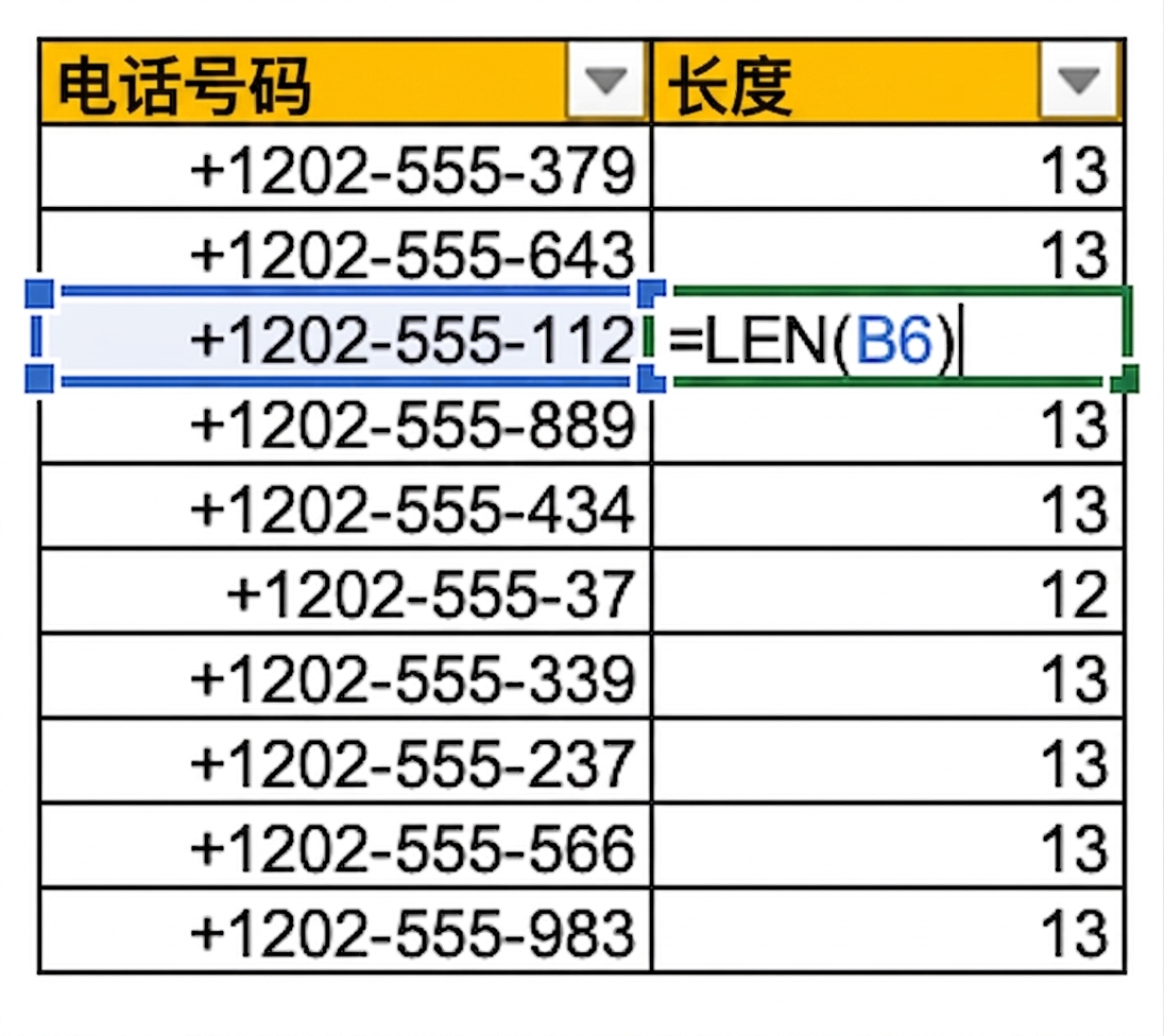 Excel 表格示例:一列为电话号码,使用 LEN 统计并检查号码长度
