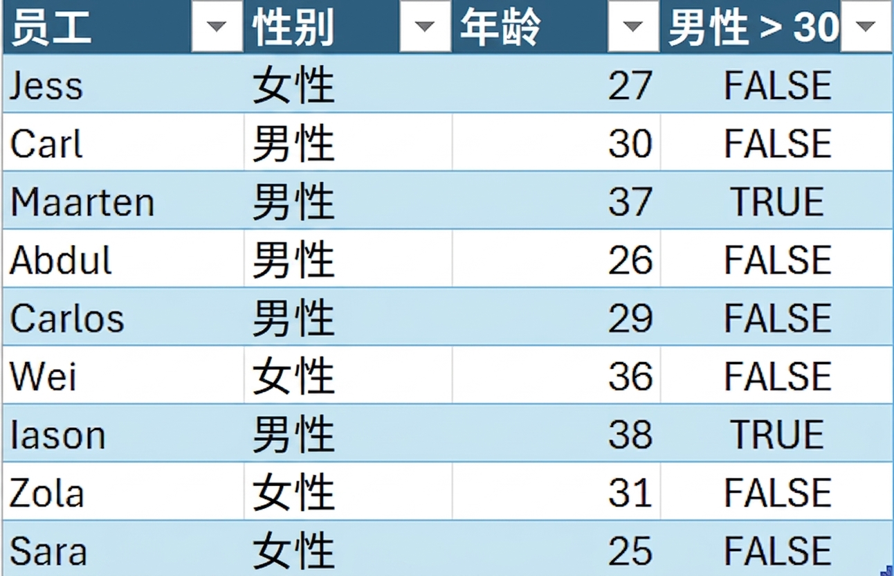 来自 HR 的 DataCo 示例表，显示员工名、性别、年龄，以及使用条件公式创建的列。