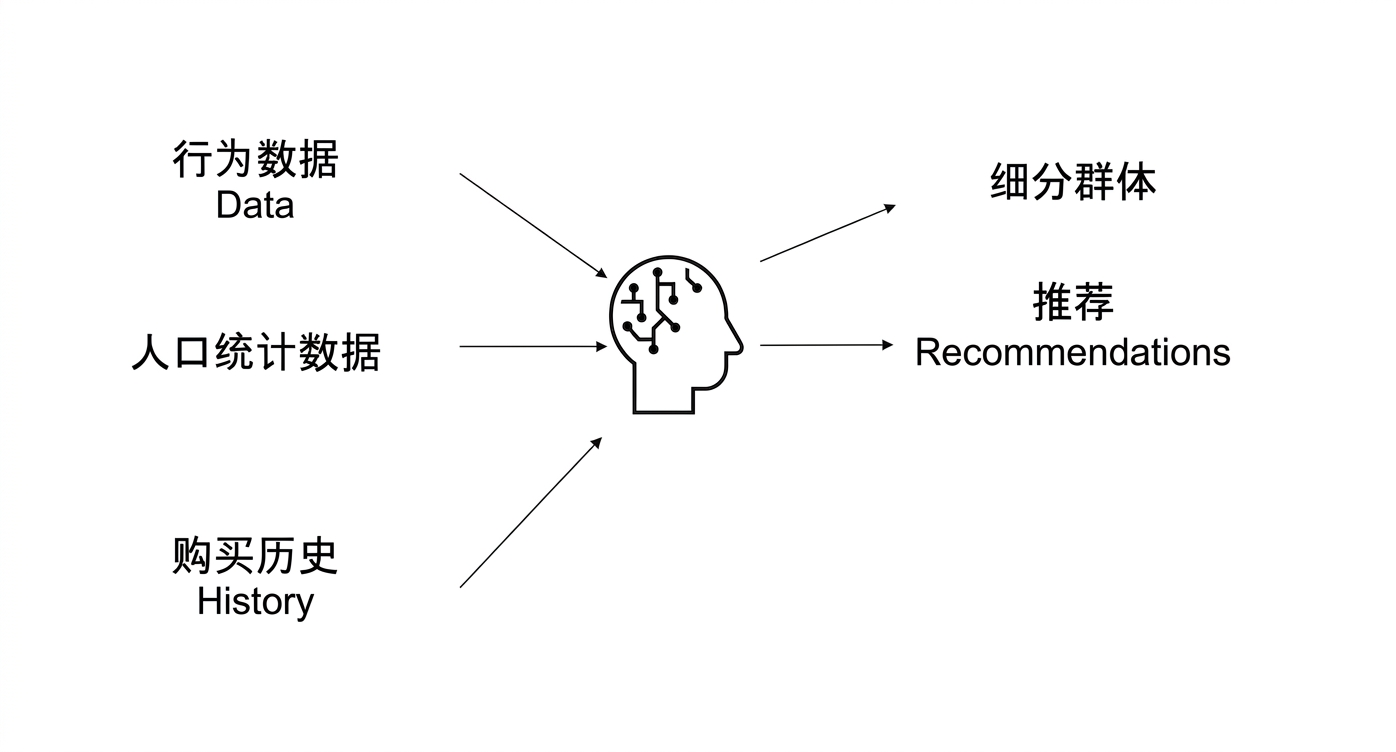 将行为数据、人口统计与购买历史用于 AI，得到推荐。