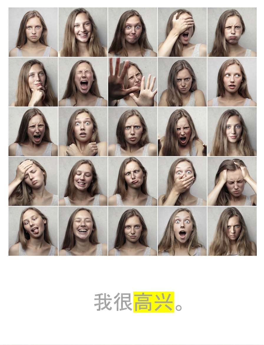 一系列情绪，以及句子"I am happy"，其中"happy"被高亮。