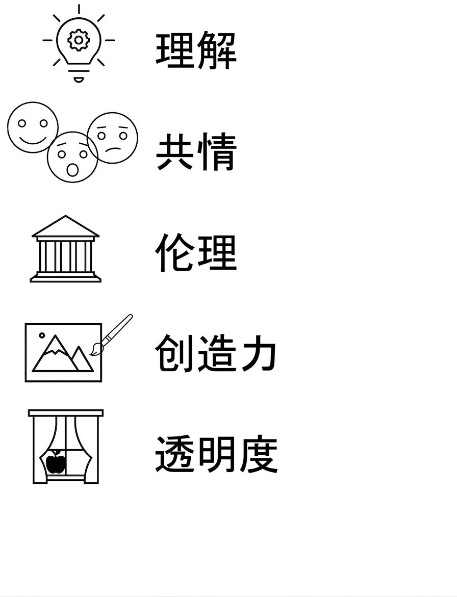 理解。同理心。伦理。创造力。透明性。