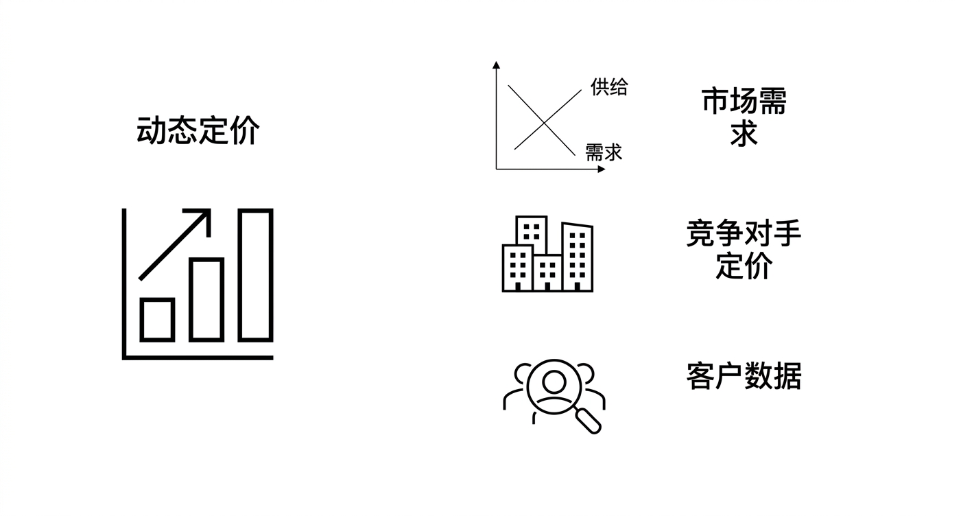 价格图表加市场需求图。包含竞争对手定价与建筑图形。并有放大镜聚焦客户。