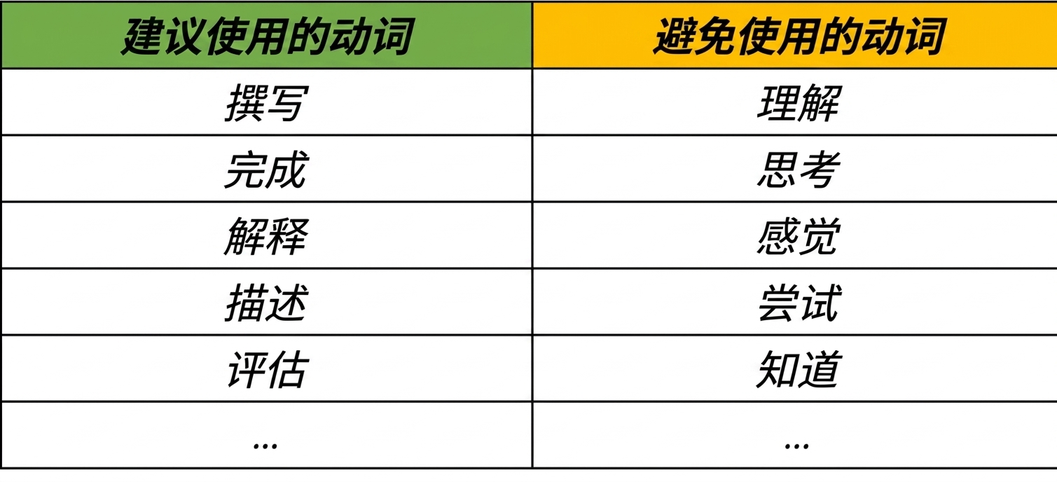包含建议使用的动词(write、complete、explain、describe、evaluate)与应避免的动词(understand、think、feel、try、know)的表格。