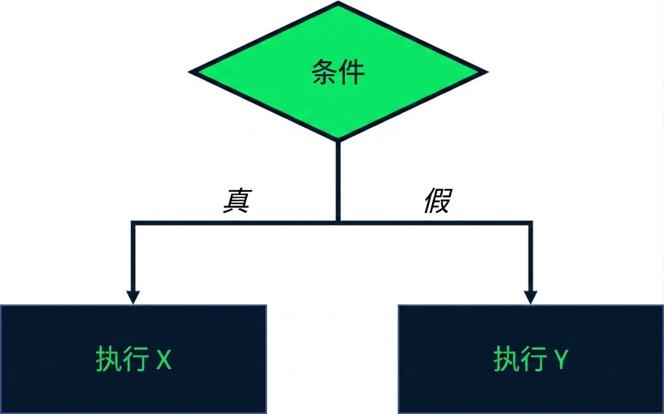 可视化图示:显示测试条件。若条件为真,执行 X;若为假,执行 Y。