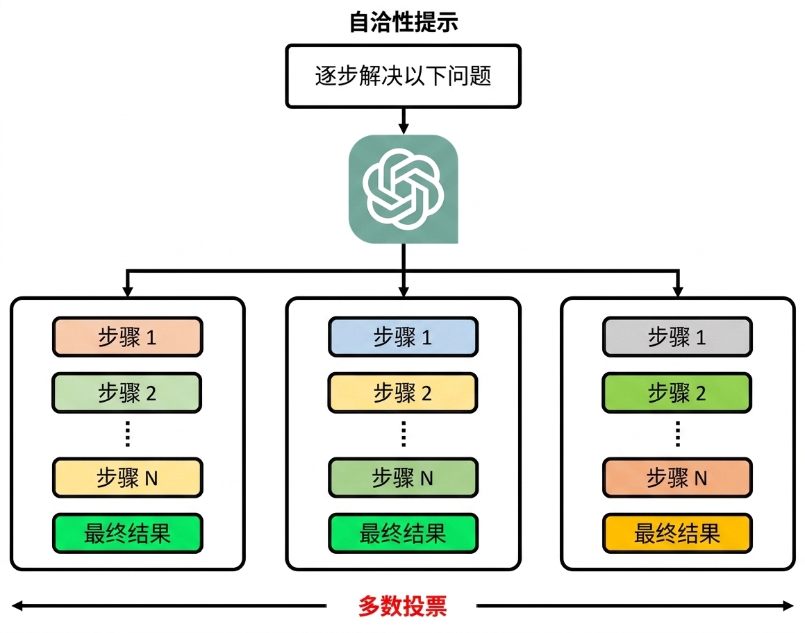 图示：自一致提示通过多条思维链分别得到输出，最终用多数投票确定结果。