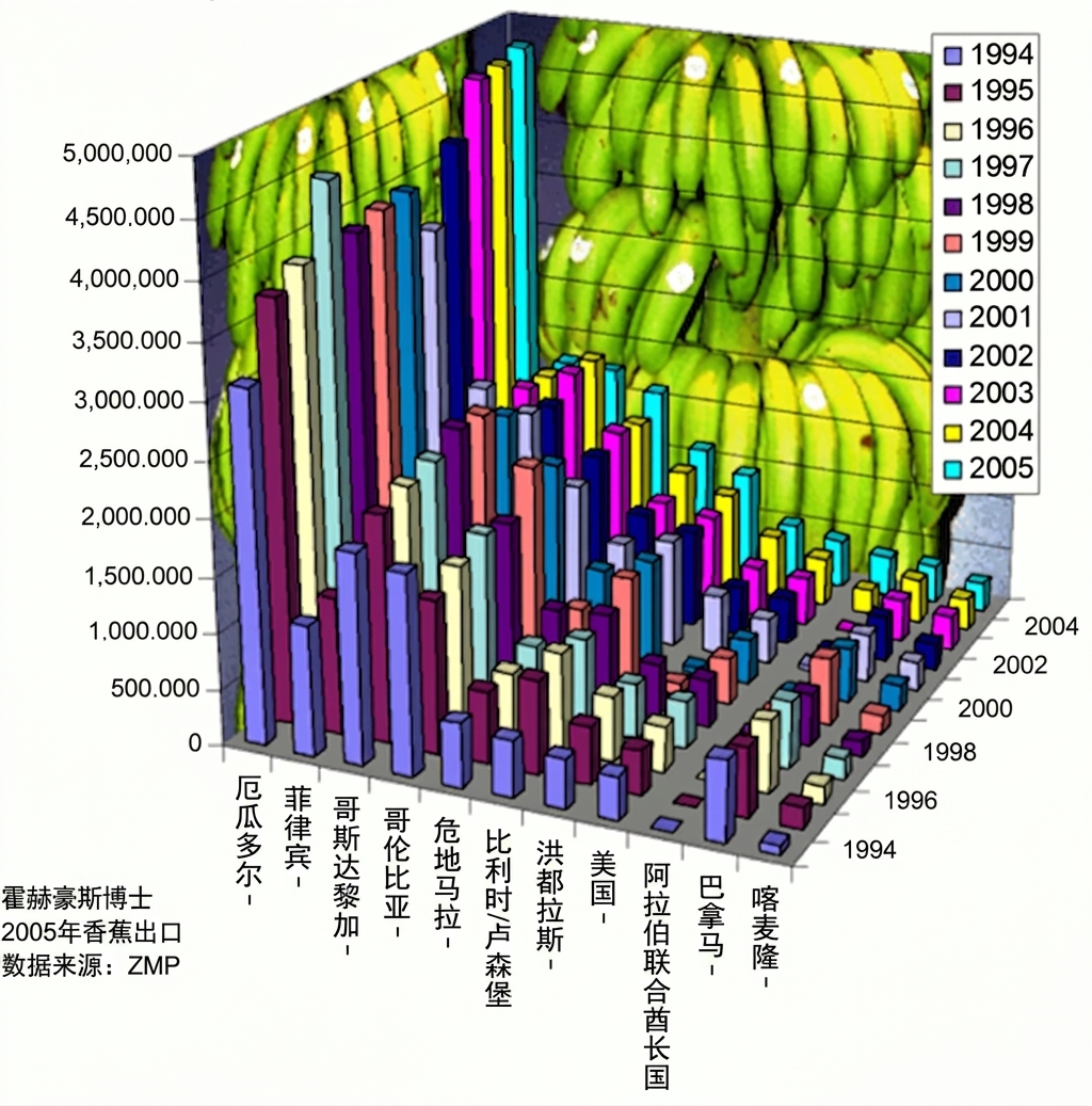 展示 1994–2005 年香蕉出口的糟糕图表示例
