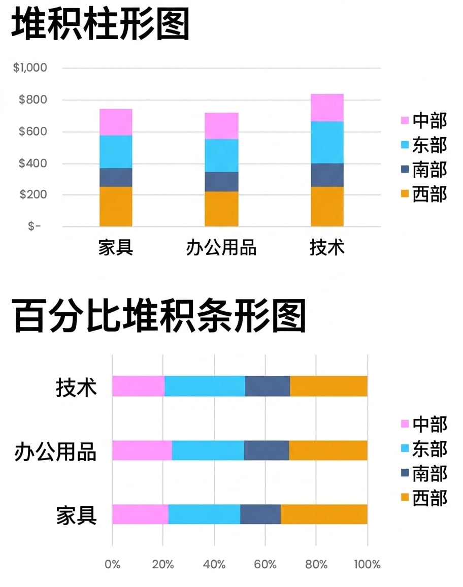 堆积与100%堆积条形/柱形图示例