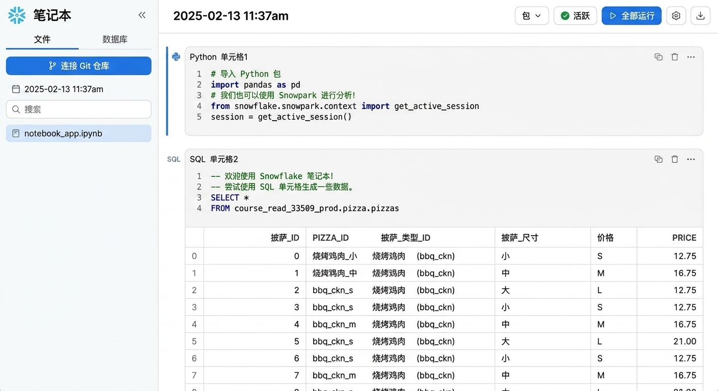 Snowflake 笔记本，包含 Python 与 SQL 代码单元