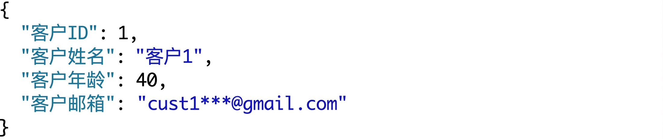 客户 JSON 示例:包含客户 id、姓名、年龄和邮箱