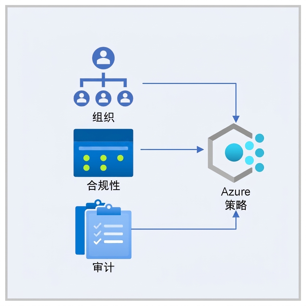 彩色方块展示组织、合规、审计，指向 Azure Policy 图标