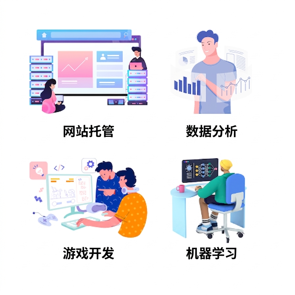 展示网站托管、游戏开发、数据分析和机器学习的图片