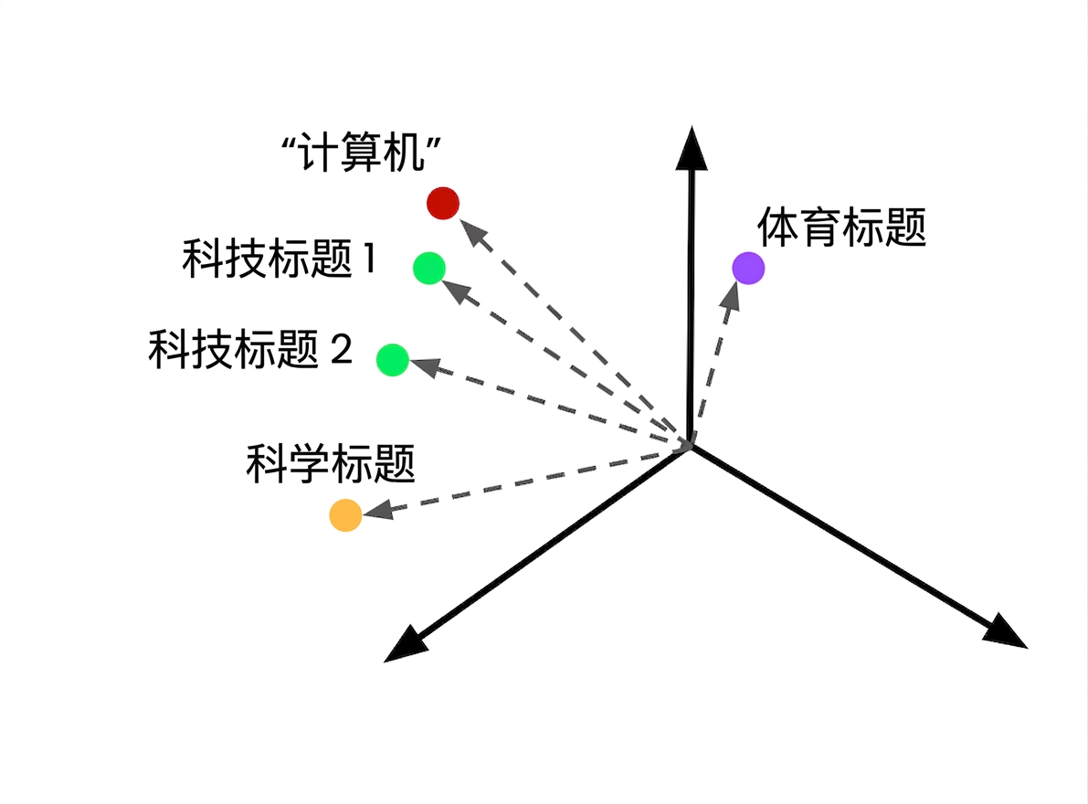 在向量空间中的嵌入式搜索查询，旁边是不同主题的嵌入文章。