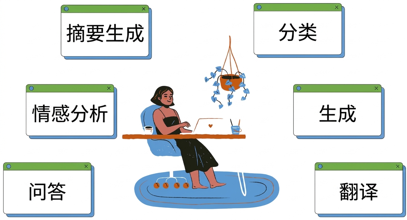 一个人坐在桌前，周围是多项任务，展示文本生成与翻译
