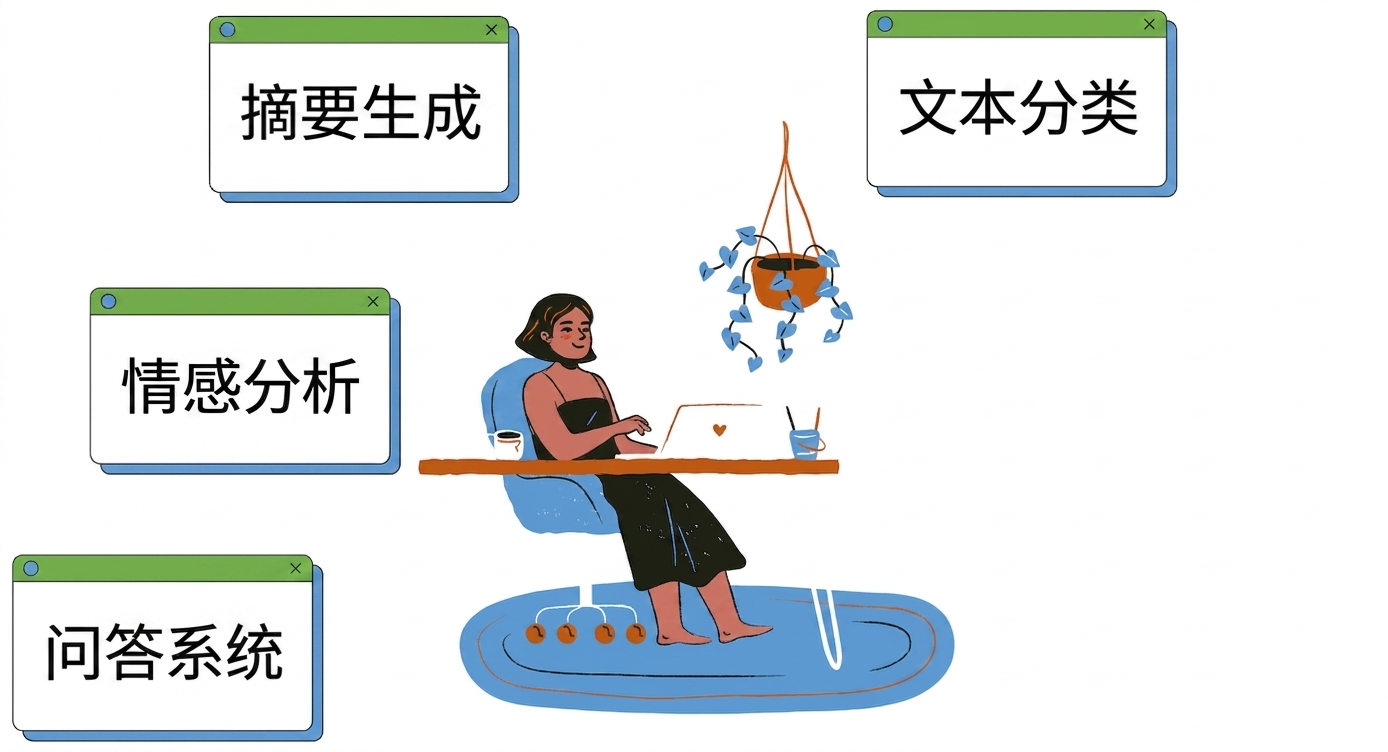 一个人坐在桌前，周围是多项任务，展示文本分类、摘要、情感分析和问答