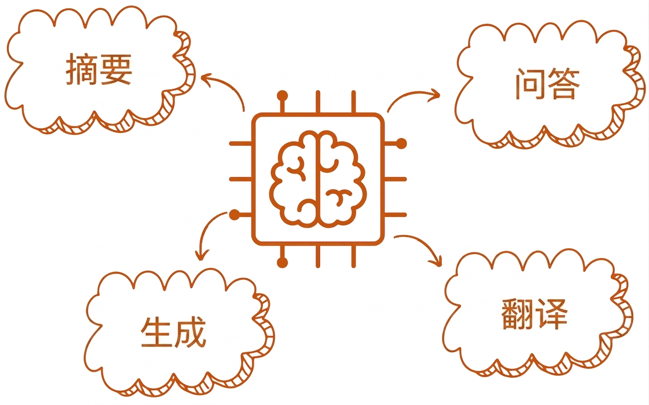 带有"总结、生成、翻译、问答"气泡的大型语言模型抽象图