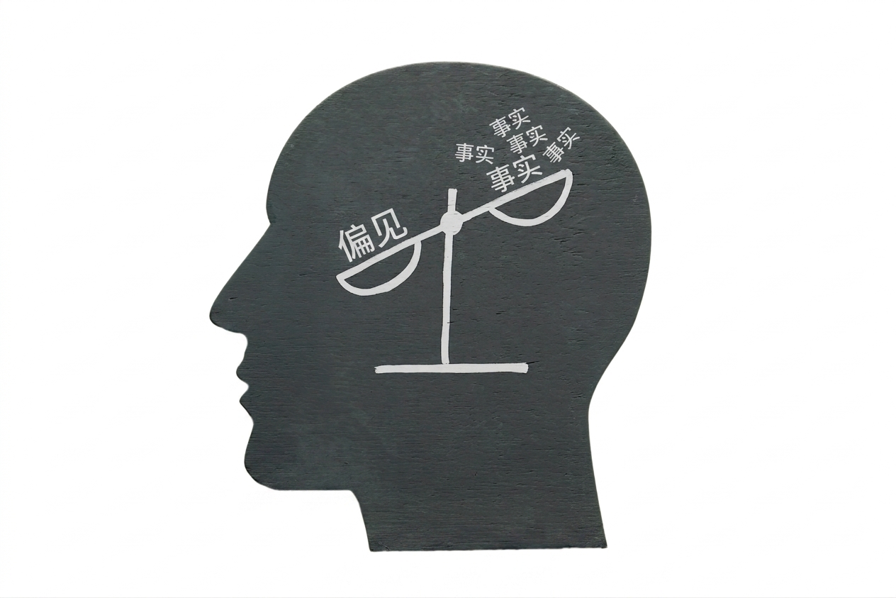 大脑：偏见 vs 事实 天平图